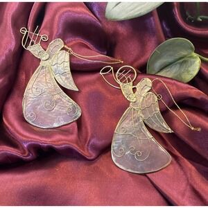 2 Vintage Capiz Shell & Gold Wire Angel Instruments Christmas Ornament Harp Horn